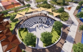 RENDER CON LA PROYECCIÓN DEL PROYECTO. APARECE UN ANFITEATRO  DE CEMENTO, ZONAS VERDES, SOBREADEROS Y UNA CANCHA